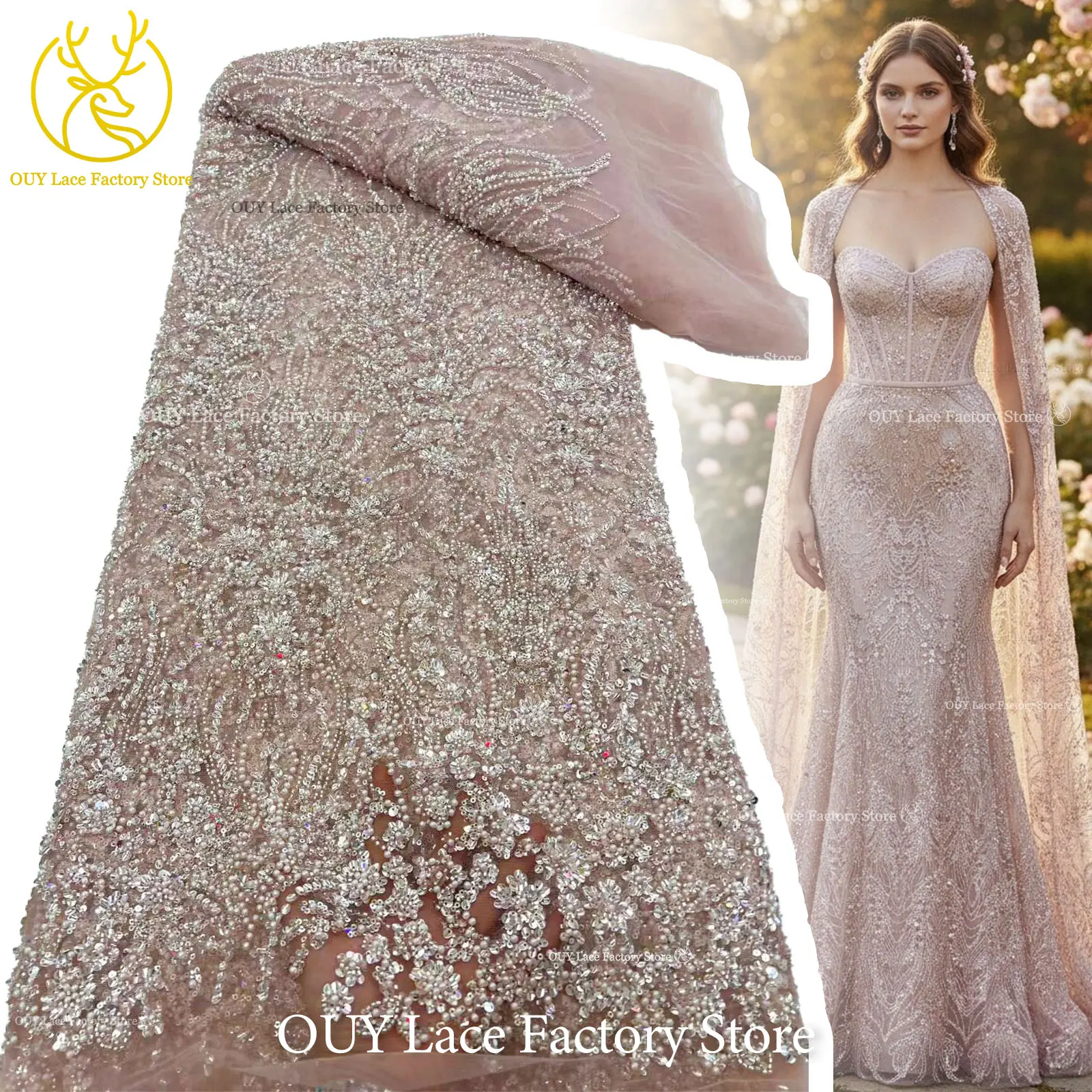 Tela de Encaje con Cuentas para Novios Africanos 2026, 5 Yardas, Tela de Encaje Francés con Lentejuelas de Alta Calidad para Vestidos de Novia, Vestidos de Noche y Costura