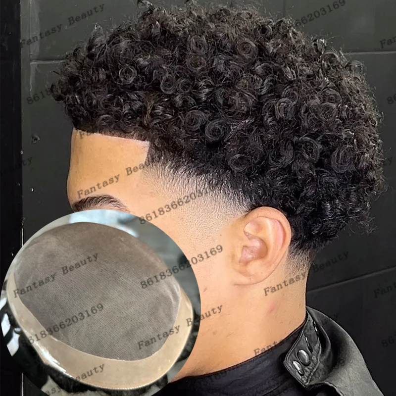 Respirável fino mono peças de cabelo humano sistema de prótese capilar afro preto homem natural linha fina durável 15mm encaracolado perucas marrons