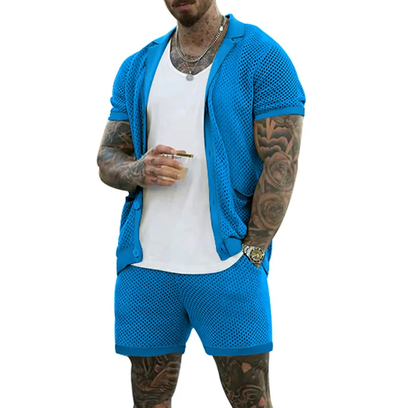 Summer Men's Cool Hole Fabric Lapel 2 Piece Set Tracksuits Casual Short Sleeved Shirt And Shorts Suits For Men Outfit