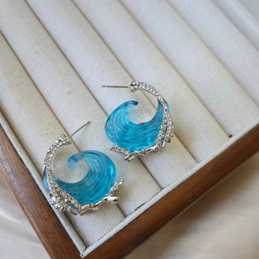 Jewelry for Women Geometry Resin Ocean Wave Earrings Necklace Rings Vintage Boho Sea Blue Dangle Earring Ladies Accessories