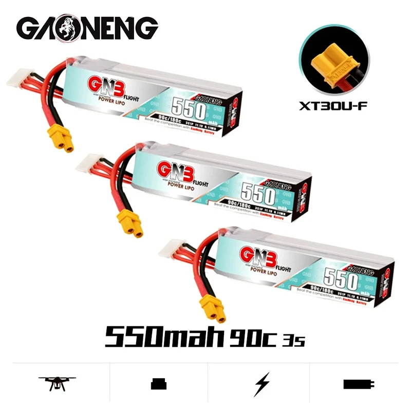 3PCS GNB 3S 11.1V 550mah HV 90C/180C LiPo Battery With XT30U-F Plug for TINY8X Blade Inductrix FPV QX2 120S Beta75S Drone