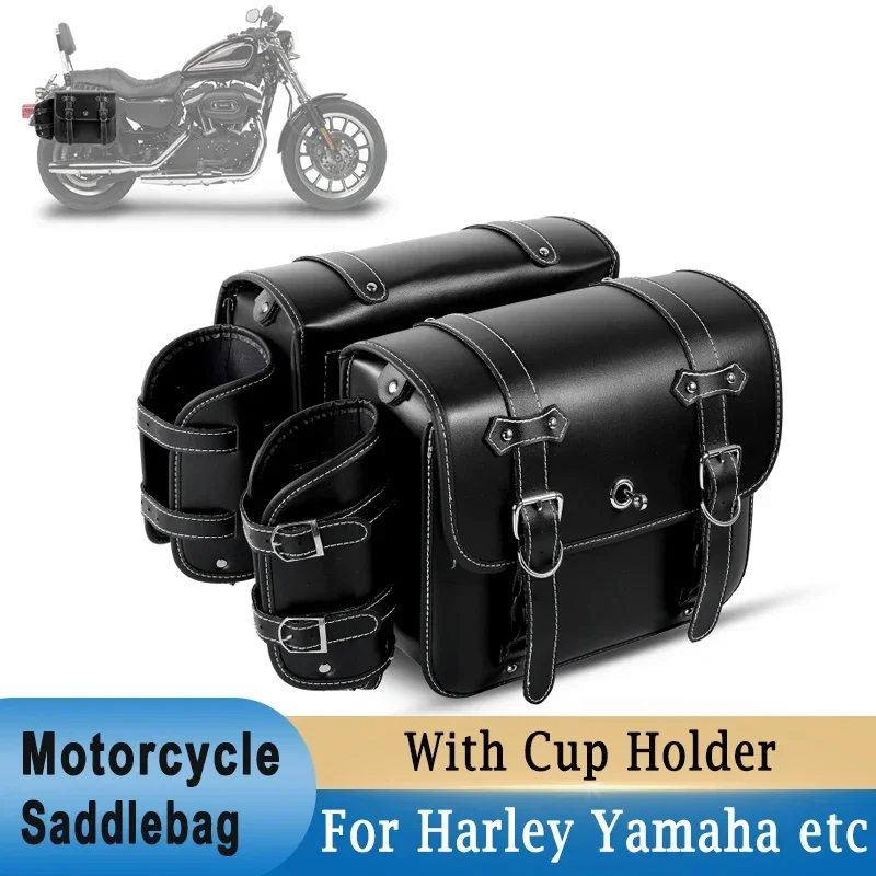 1 Pair Motorcycle Saddlebags with Cup Holder Panniers Rear Side Bags Luggage Storage PU Leather Large Capacity Waterproof