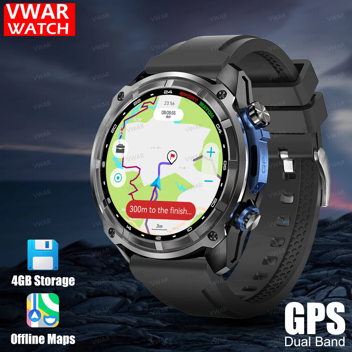 

2025 Новые умные часы VWAR GPS 50 мм 4 ГБ для хранения автономных карт 30 м водонепроницаемые военные умные часы для мужчин 860 мАч прочные часы
