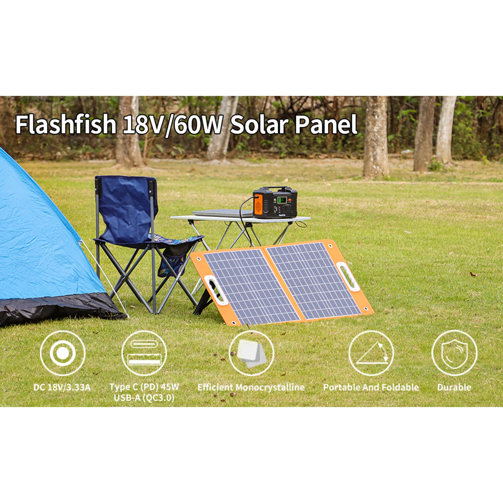 Flashfish 18V 60W/100W Portable Solar Panel Foldable Solar Charger with DC Output for Portable Power Station USB-C/QC3.0 Output