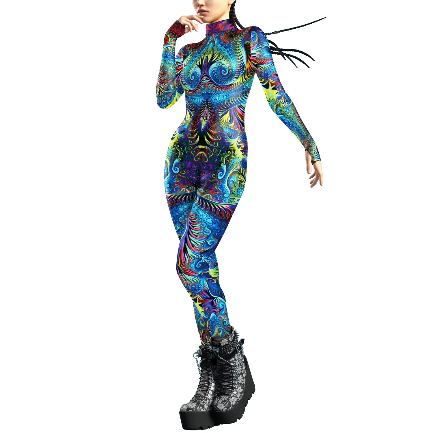 Animal Scales Peacock Feather Printed Jumpsuit Front zipper Catsuit Women Men  Zentai Halloween Bodysuit Party Cosplay Costumes