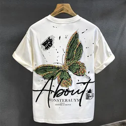 Butterfly Advanced Sense Pure Cotton Heavyweight Short Sleeved Printing T-shirt Men New Tops Loose Half Sleeve All-match T-shirt