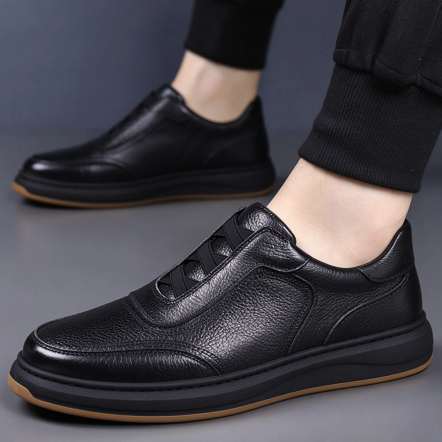 Men Genuine Leather Slip-on Casual Sneakers Elastic Strap No Lace Flats Rubber Sole Breathable Daily Walking Shoes for Men