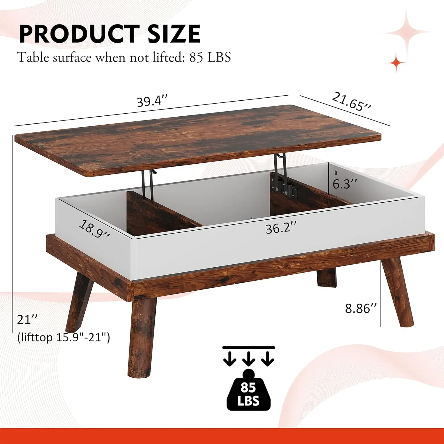 Comfort Corner Lift Top Coffee Table, Wood Coffee Table with Hidden Compartment, Coffee Table for Living Room Reception Room