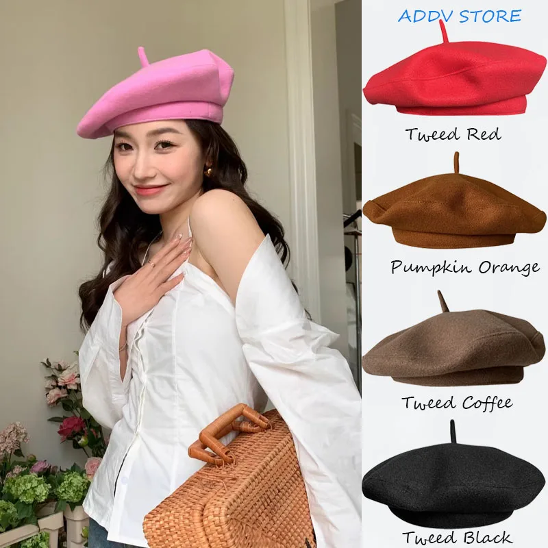 Hight Quality Sweet Wool Blend Beret Winter Spring Caps for Women Lovely Pink Painter Hat Flying Saucer Hat Sombreros De Mujer