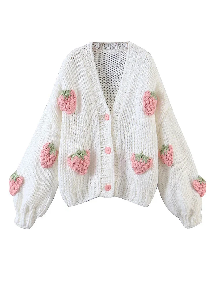 ZOKI Cute Strawberry Women Cardigan Sweater Winter Loose Fashion V Neck Hand 3D Knitting Ladies Jumper Casual Female Coats New