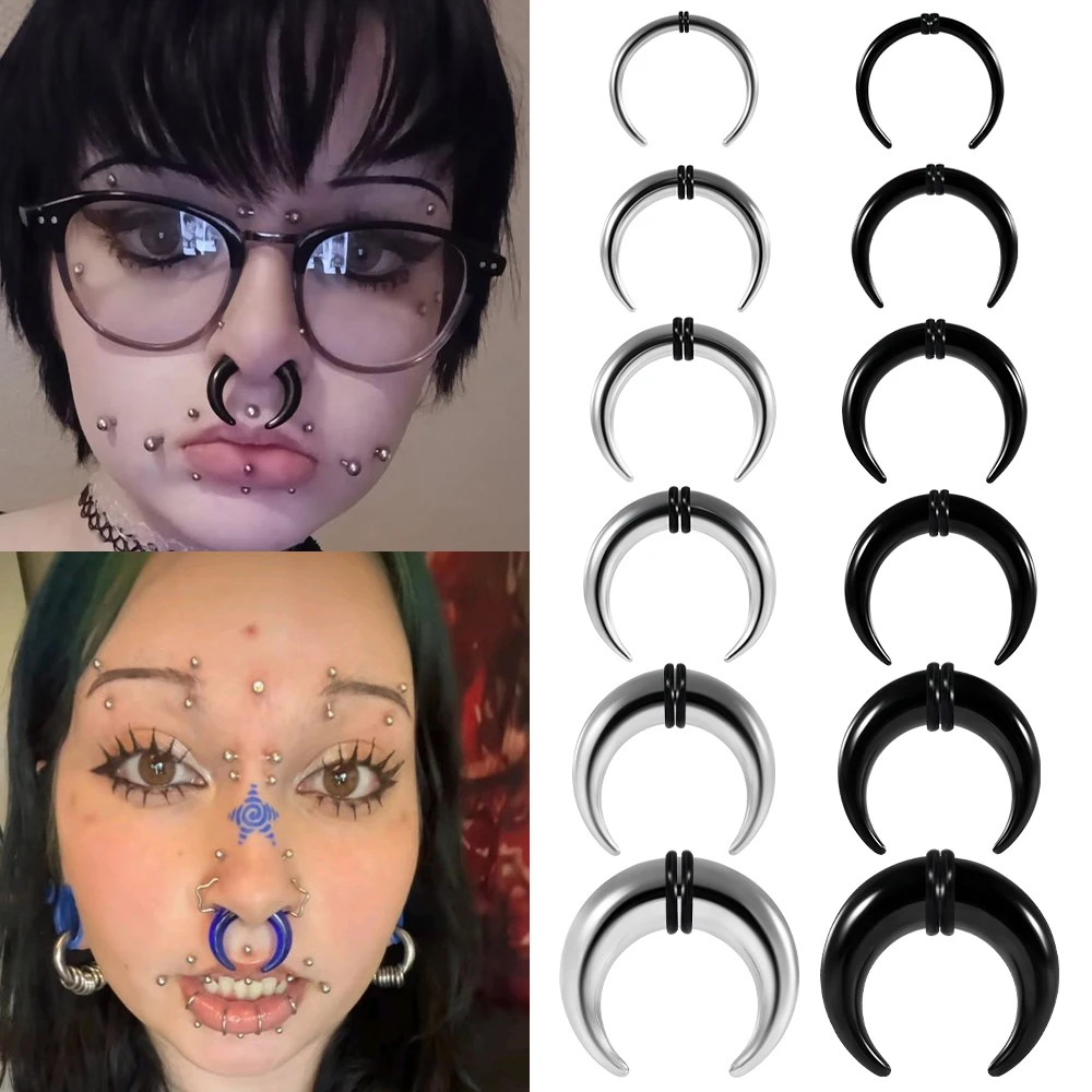 2-1PCS C Shape Septum Ring Spike Stainless Steel Nose Piercing 1.6-10mm Large Ear Gauge Tunnel Internal Threaded Ear Expander