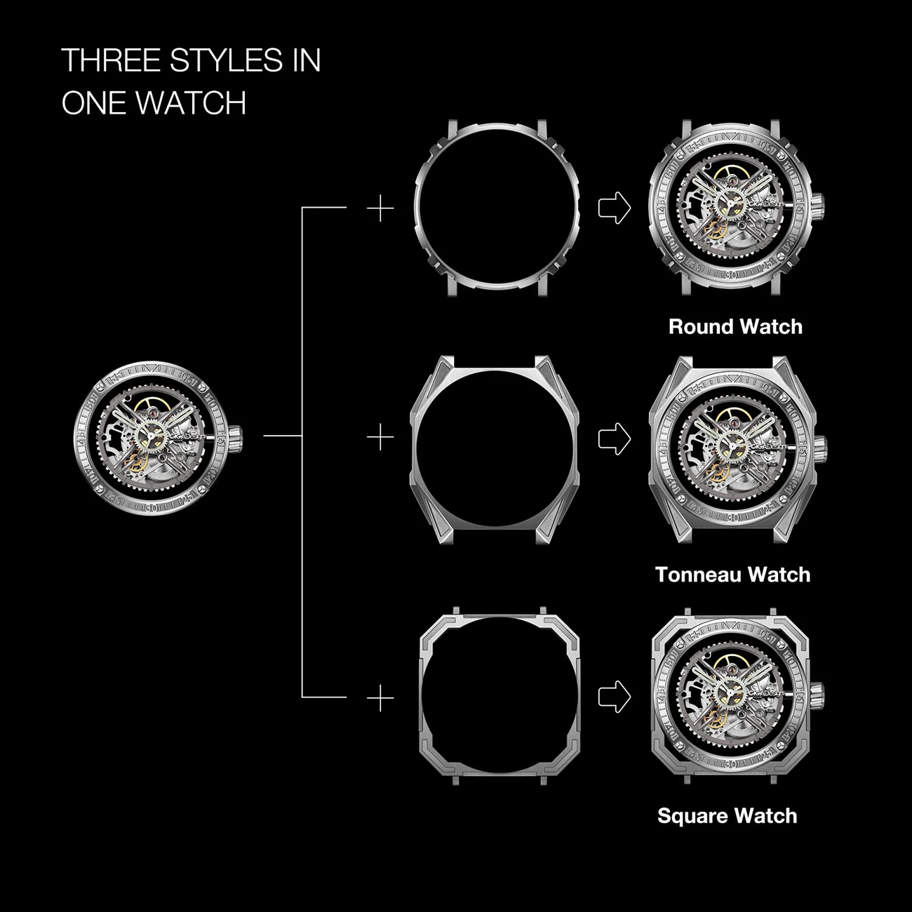 CIGA Design Mechanical Watches for Men Automatic Skeleton Watches 3 in 1 Magician Series 316L Steel Case Fluororubber Strap