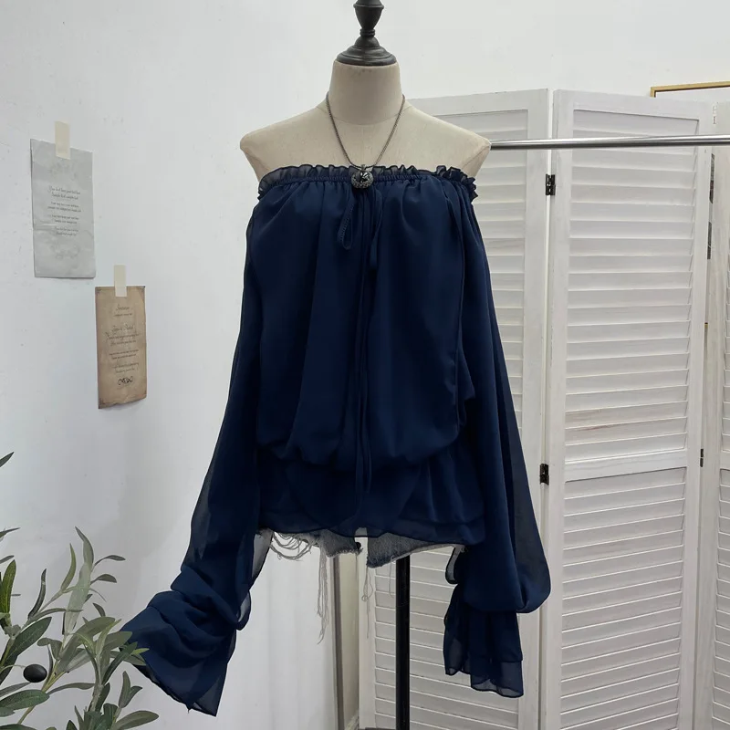 Off The Shoulder Chiffon Shirt Women Autumn Strap-up Long-sleeved Ruffle Edge Loose Top Blouse