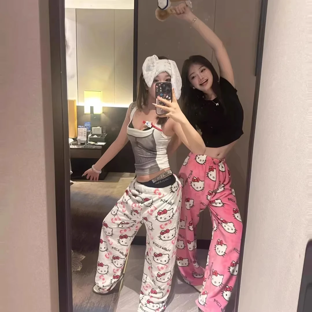 سانريو مرحبا كيتي الفانيلا منامة المرأة Kawaii أنيمي الكرتون عارضة المنزل السراويل هالوين الأزياء السراويل الصوفية الخريف ارتداء #5