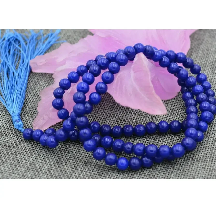 Fine jewelry   Natural 6mm stone Buddhist Blue Sapphire 108 Prayer Beads Mala Bracelet Necklace jade Jewelry cry