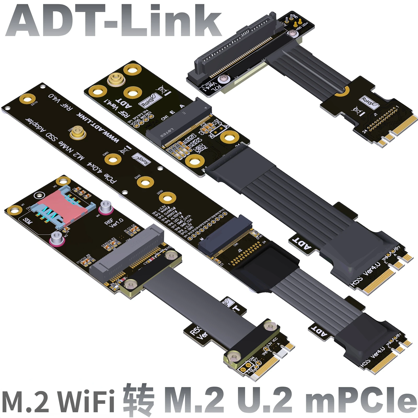 ADT M.2 Key A.E. WiFi SSD Adapter Riser Card - Flexible Flat Cable PCI-E 3.0 4.0 Compatible with M.2 NVMe mPCIe U.2 SSD Extensio