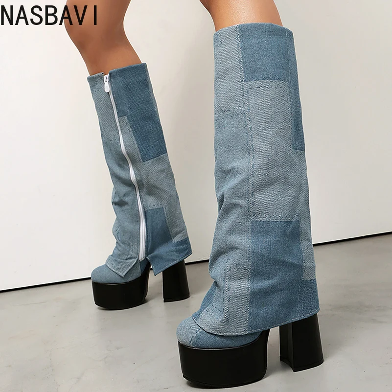 

Большие размеры, фланцевые джинсовые сапоги до колена с боковой молнией и застежкой-молнией, уличные трендовые сапоги до колена на платформе, ультратолстый каблук, увеличивающие рост