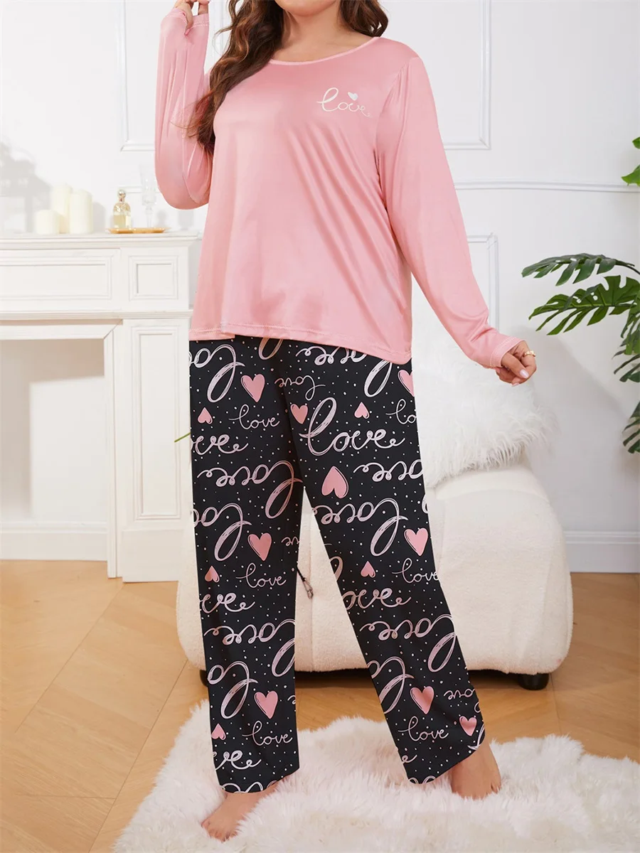 Women Valentine'S Day Love Color Contrast Plus  Pajama Casual Set Letter Heart Printed Top and Pants 2-Piece Set Pink Home Set