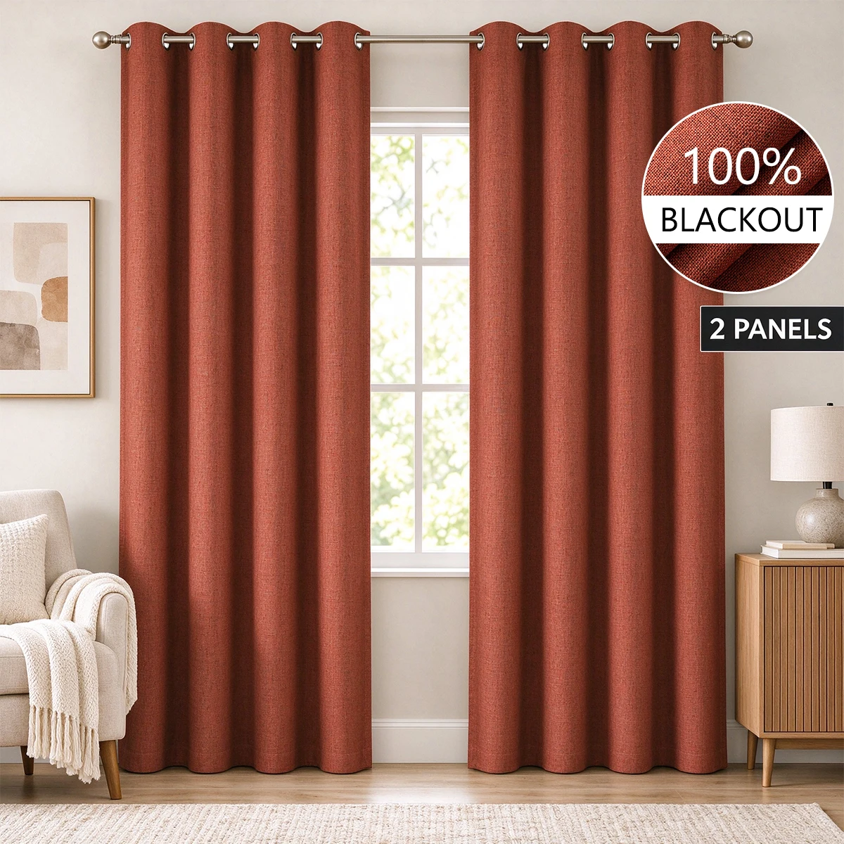 4pcs Set of 100% Blackout Linen Textured Curtains for Bedroom, Sound Reduction and Heat Thermal Insulation, High‑Quality Soft Fabric Window Curtains, Durable Metal Ring Grommet Top Design, Full Light Blocking Drapes, Luxury Home Decoration for Living Room