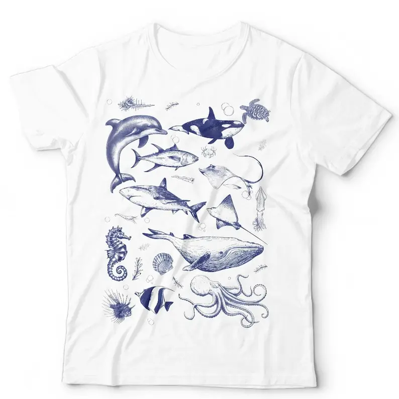 Vintage Sea Life T-shirt Unisex  Retro Art Illustration Ocean Beach Killer Whale Shark Short Sleeve Classic