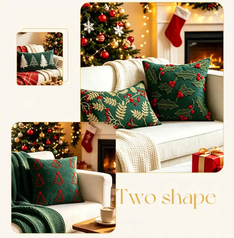 Weihnachtsbaum Bestickter Kissenbezug Cojines Grüner Plüsch Festliche Dekoration Sofa Kissenbezug Deko Heim – Detail 9