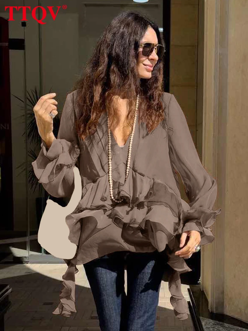 

TTQV модная свободная женская рубашка цвета хаки 2025 сексуальные рубашки с v-образным вырезом и длинными рукавами элегантный классический топ Blusa с рюшами женская одежда