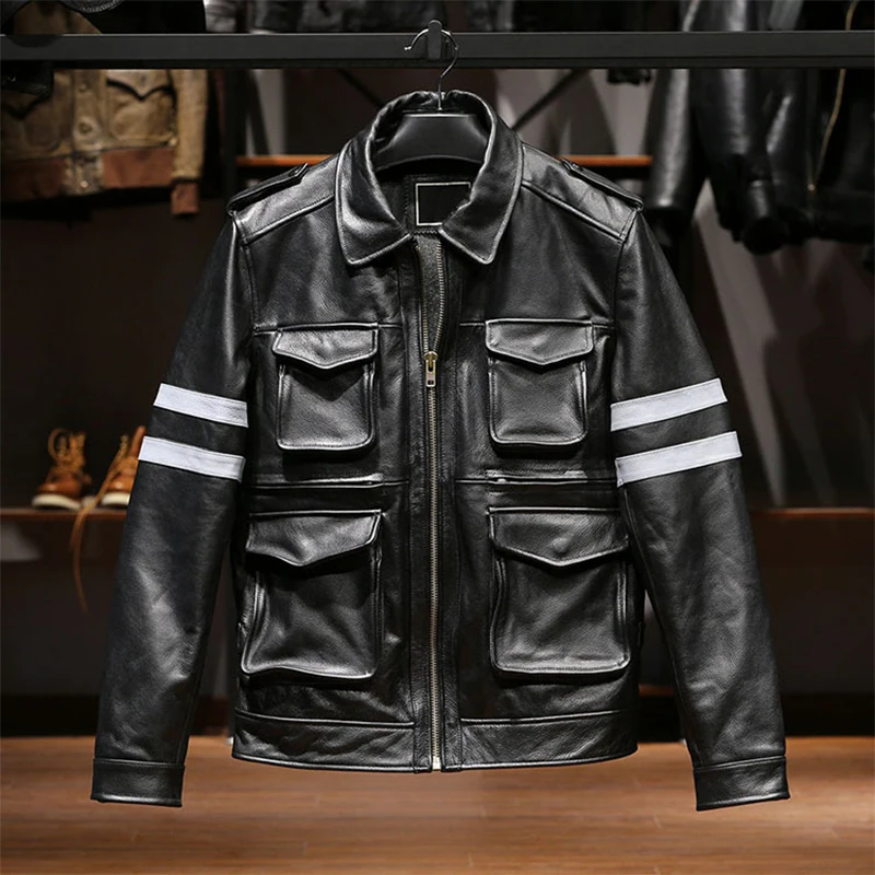 Europe the United States bio-hazard movie hero real leather jacket men three-dimensional lapel hunting suit Real leather garment