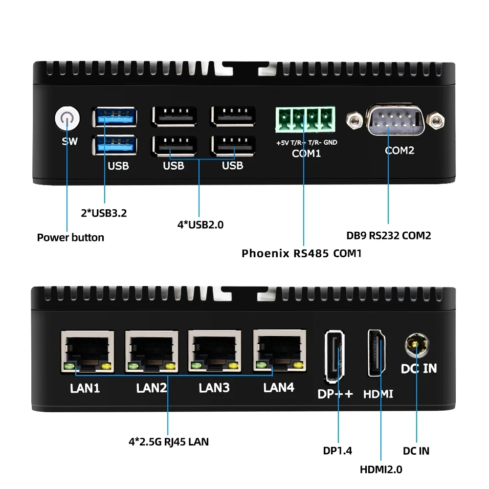 산업용 팬리스 미니 PC 방화벽 라우터, 4x i225-V LAN, 12 세대 2.5G, 인텔 N100 J6426, 2 * COM RS485 RS232, 2x4K pfSense Proxmox