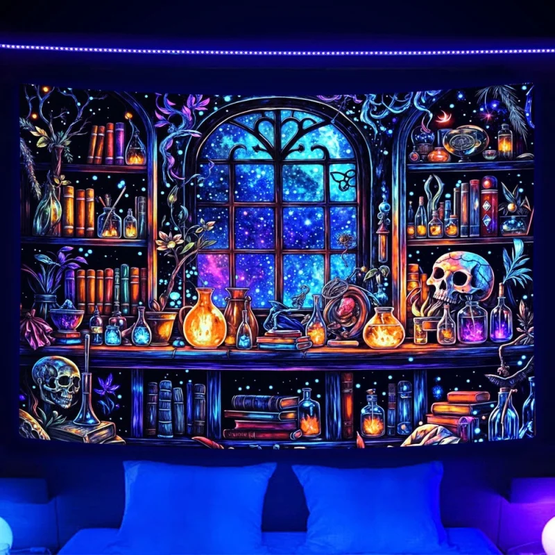 VIKAMA Neon Magic Study Tapestry Dark Party Style Decor Backdrop Bedroom Headboard Wall Cloth Dorm Renovation Room Decoration