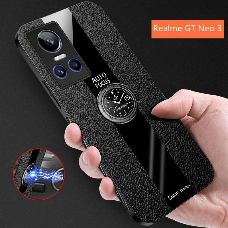 Funda For Realme GT Neo 3 Case Car Holder Phone Cover For Realme GT Neo 3 Case Luxury Leather Soft Silicone Shockproof Bumper