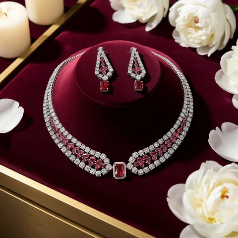 Fashion Wedding Jewelry Sets Shiny Red and white inlaid CZ Crystal Necklace and Earrings 2PCS Bridal Dress Party Accessories