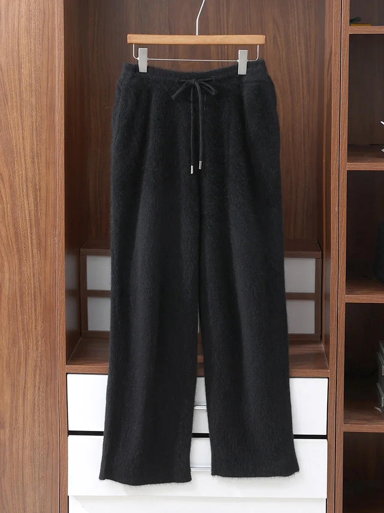 Elastic Waistband Trousers 100% Mink Cashmere Business Casual Pull The Drawstring Comfort Soft Warm Autumn Winter Men's Pants