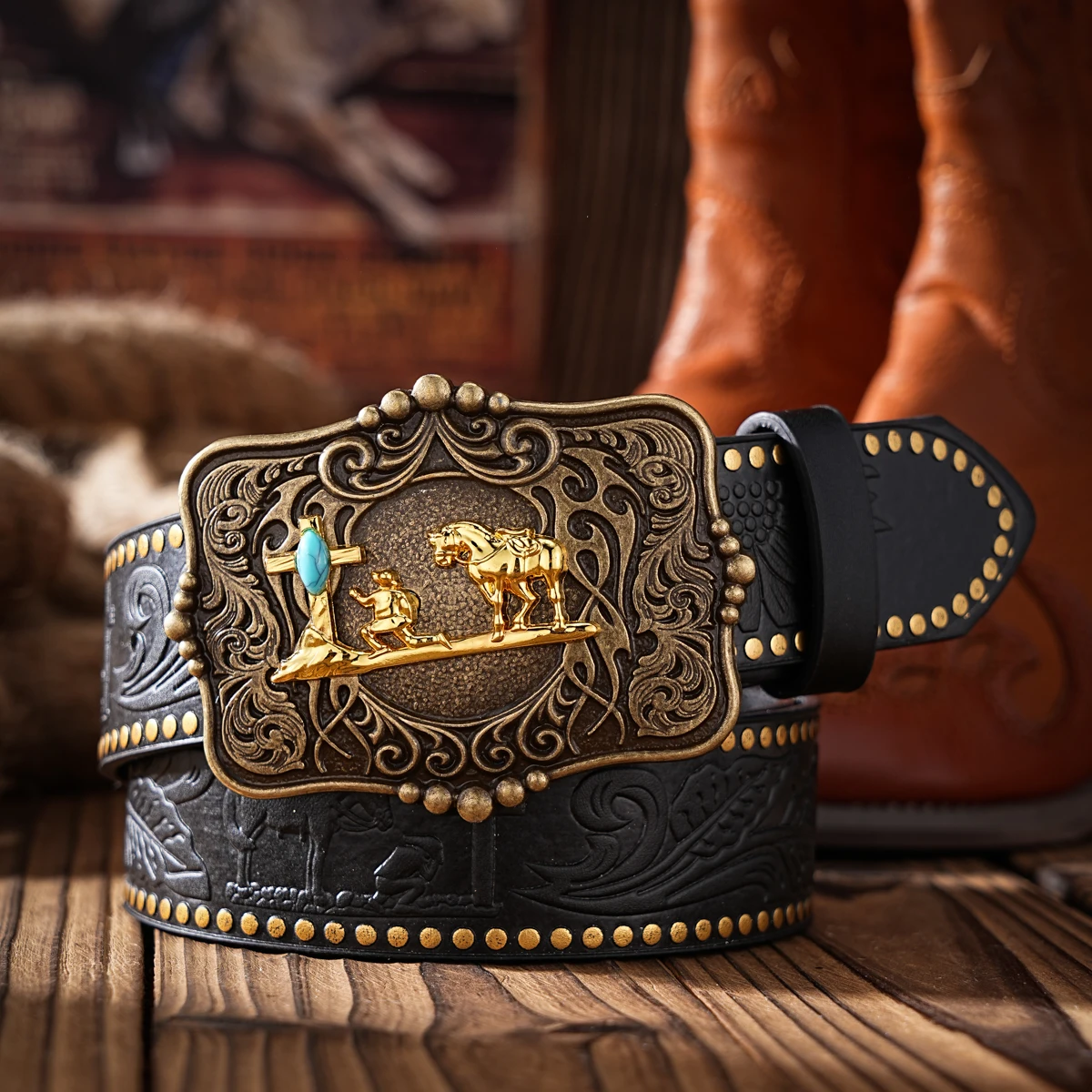 1pc Western Cowboy Style Belt - Suitable for Both Men and Women. Western Buckle PU Embossed Belt. Unique and Retro Design