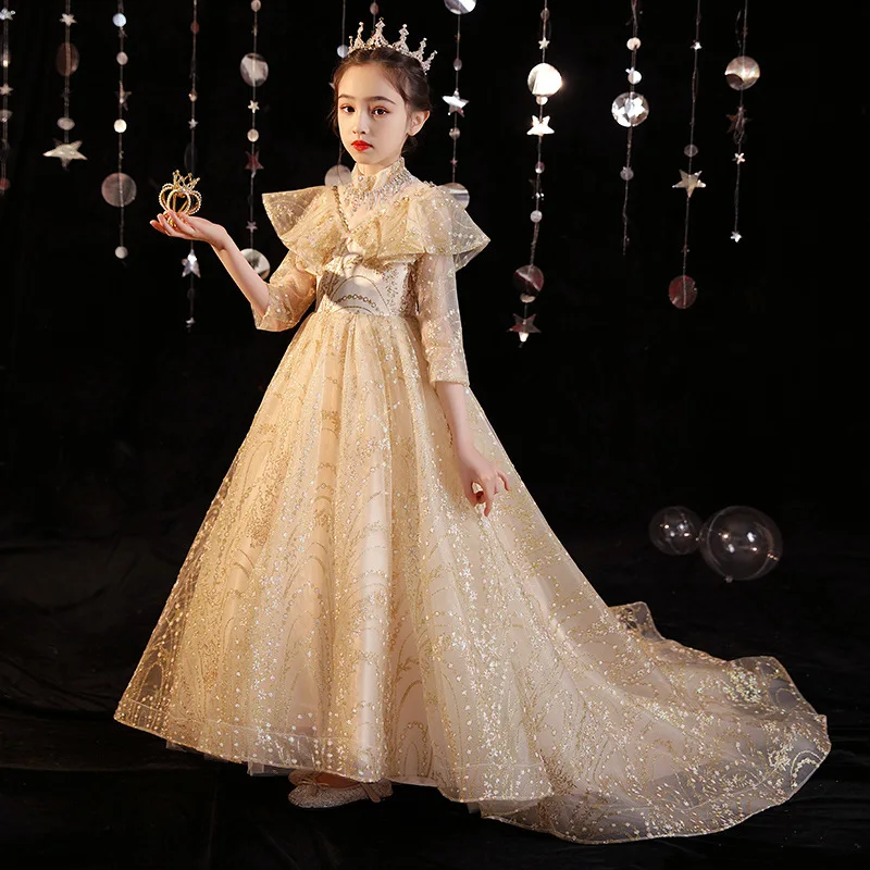 Children's Formal Dress with Train for Girls, Piano Performance Dress, Princess Dress, Stylish Catwalk Host Evening Dress for Su