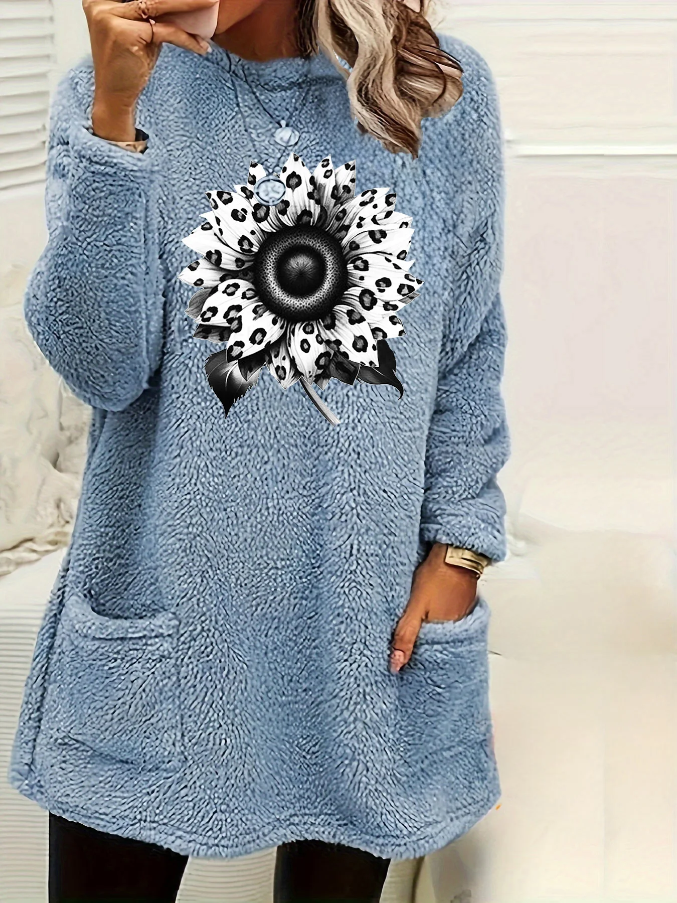 

Женский флисовый свитшот больших размеров с леопардовым принтом подсолнечника, круглый вырез, мягкий теплый свитер, повседневные зимние пуловеры с длинными рукавами