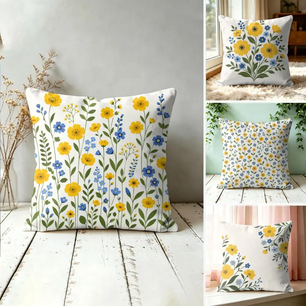Yellow Blue Wildflower Pillow Case Double-Sided Plush Sofa Cushion Covers Organic Breathable Invisible Zipper