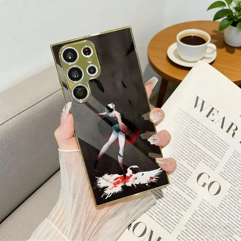 Swan Lake Ballet Phone Case Luxury Electroplated Metal Frame Phone Case for Samsung S25 S24 S23 Ultra Slim Cover