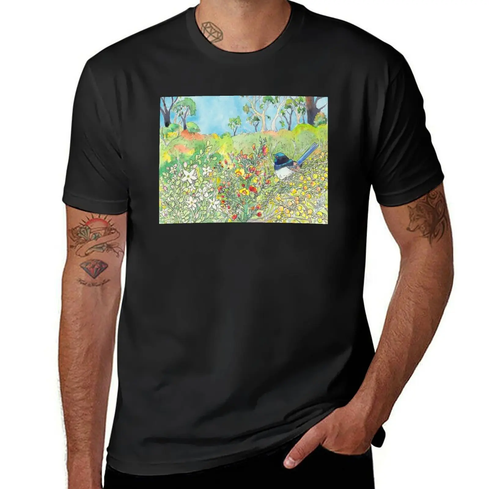 Landscape with flowers and superb fairy wren - ink and watercolour T-Shirt sublime plus size tops vintage T-shirt men