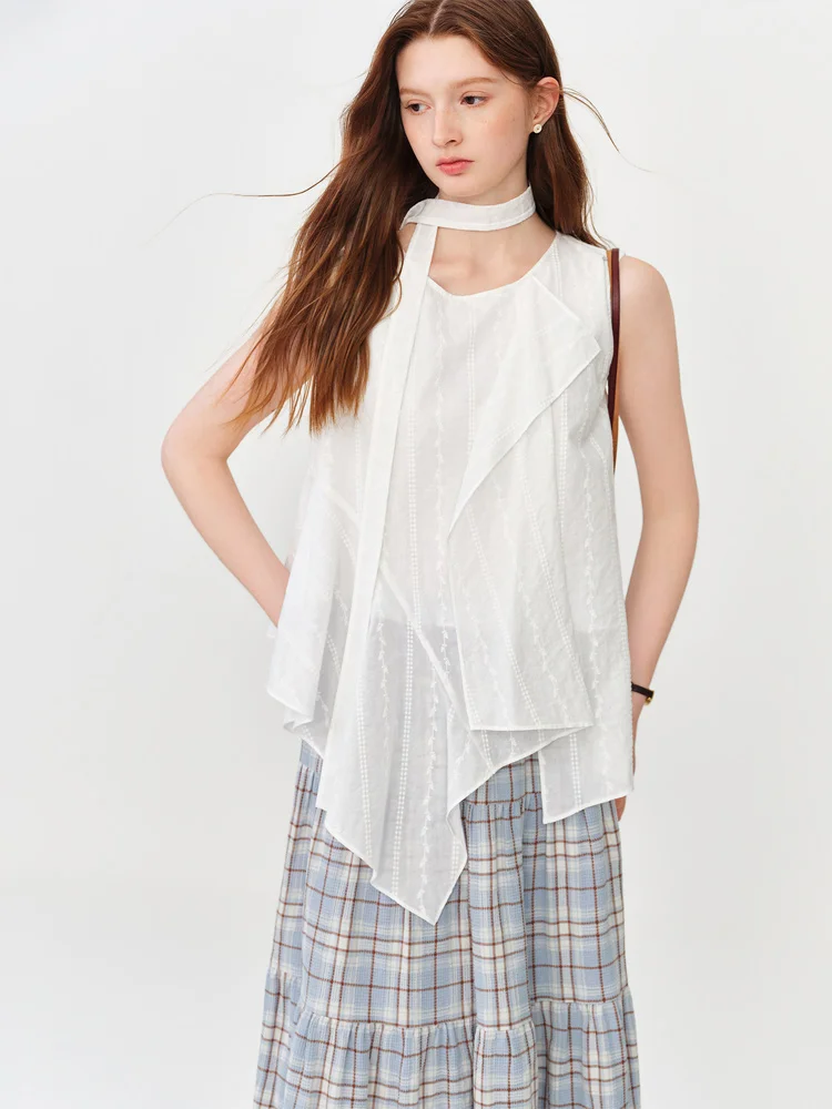 

Asymmetrical Design Sleeveless round Neck Draped Women's Top Summer New Style Casual Cotton Comfortable Fashionable Shirt