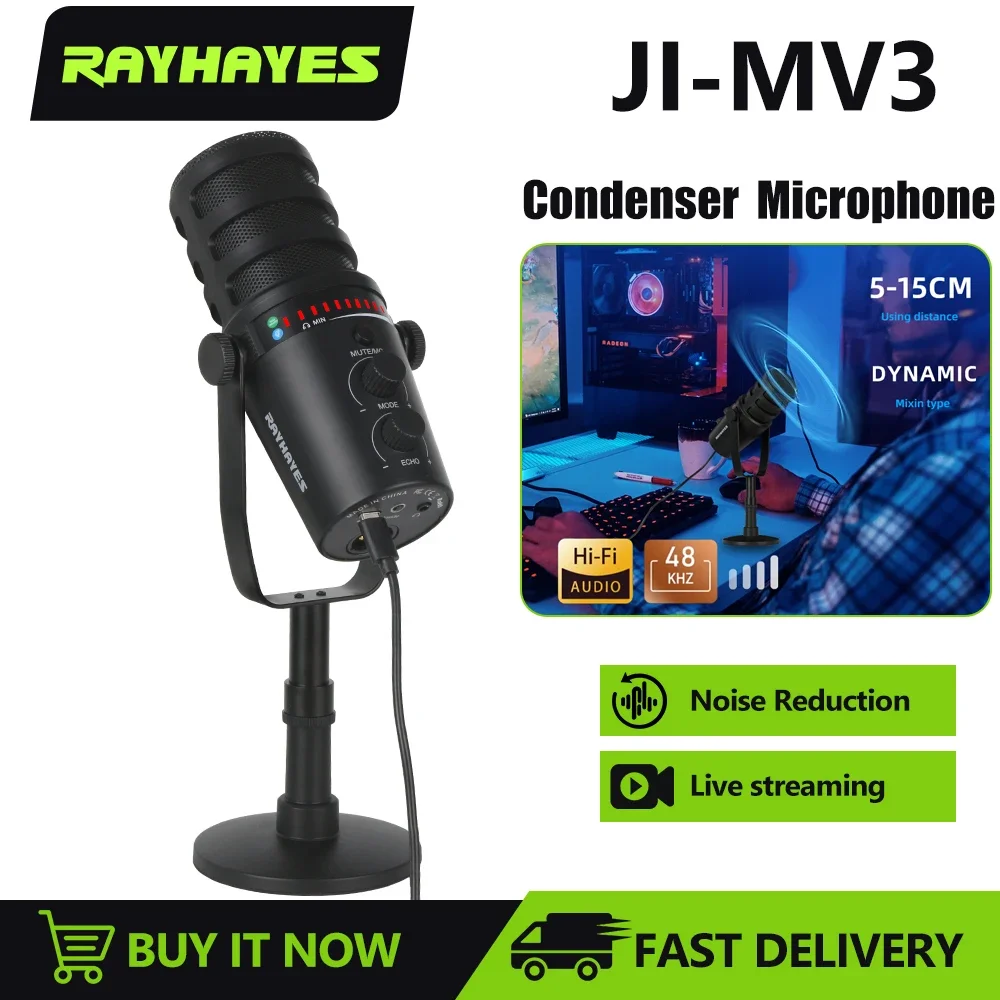

RAYHAYES JI-MV3 USB Professional Condenser Microphone for PC Mac Gaming Recording Streaming Podcasting Computer Mic