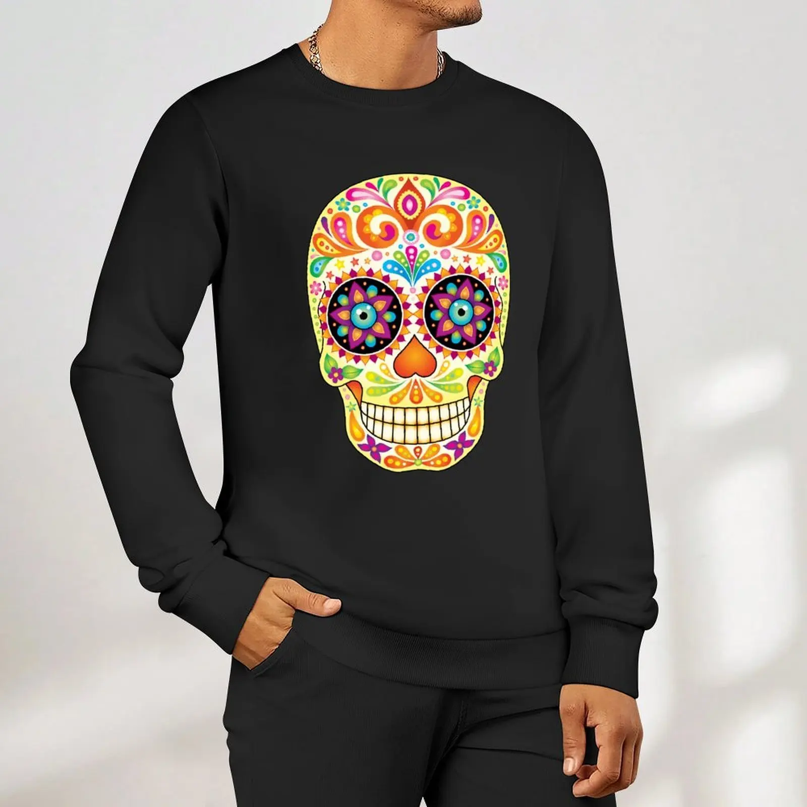 الملونة السكر الجمجمة الفن-يوم الموتى البلوز الكورية نمط ملابس الرجال قميص العرق ملابس للرجال الرجال البلوز #6