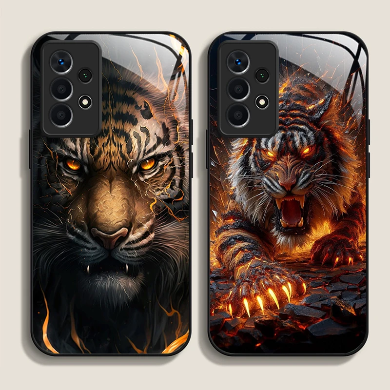 Golden Black Tiger Stripe Flame Print Tempered Glass Phone Case for Samsung Galaxy A56 A55 A54 A53 A52 A36 A14 A15 A16 A32 Cover
