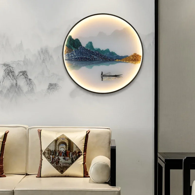 PLLY Wall Lamps Modern Landscape Painting LED Sconces Round Light Creative For Home Bedside
