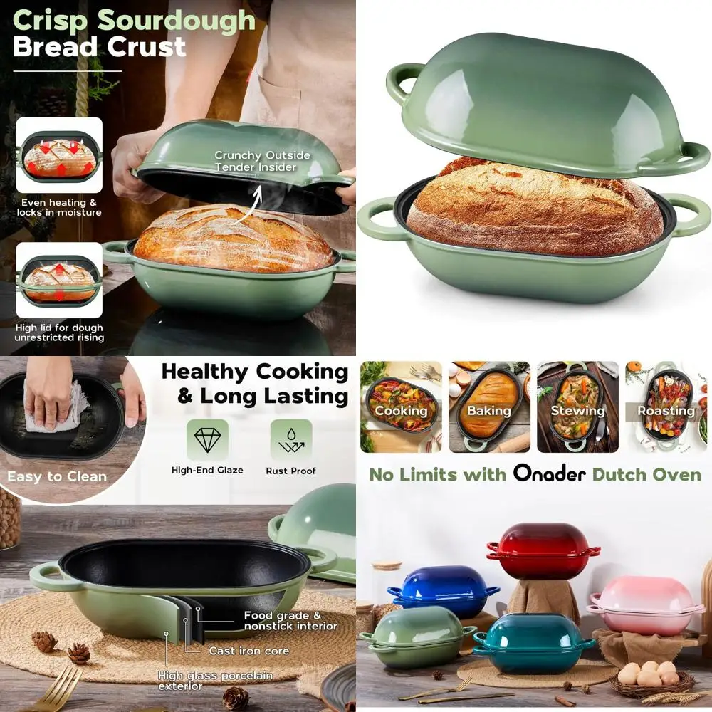 

Овальная чугунная жаровня (голландская печь) цвета фисташковой зелени 9x5.5 с крышкой, 2.8 л, идеально подходит для мясного рулета и хлеба на закваске