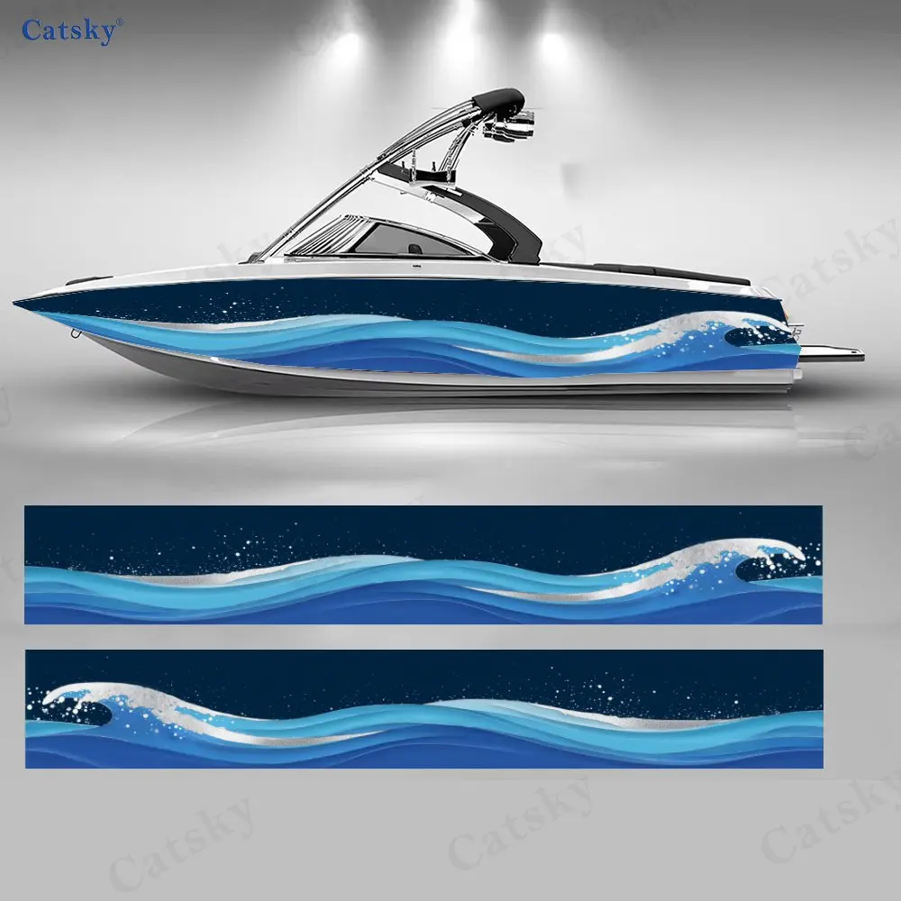 Broken Waves & Silver Sand Boat Stickers, PVC Waterproof Durable Vinyl Wrap Decals for Fishing Boats, Durable and Stylish Design