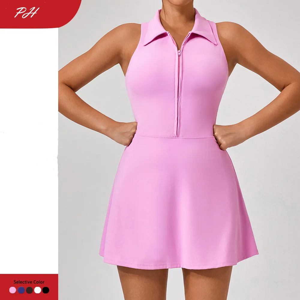 2024 Summer Women's Tennis Dress Fashion Golf Sports Dress Polo Collar Zipper Design Women's Yoga Running Fitness Skirts