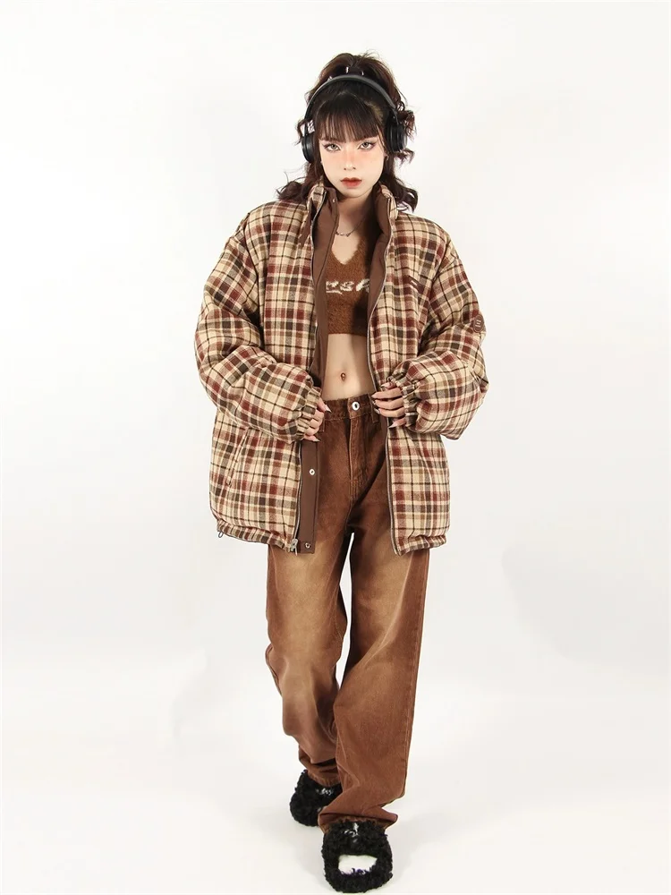 Women\'s Plaid Parka Jacket Overcoat Warm Long Sleeve Down Jackets Vintage Harajuku Korean Padded Jacket Winter 2000s 90s Clothes