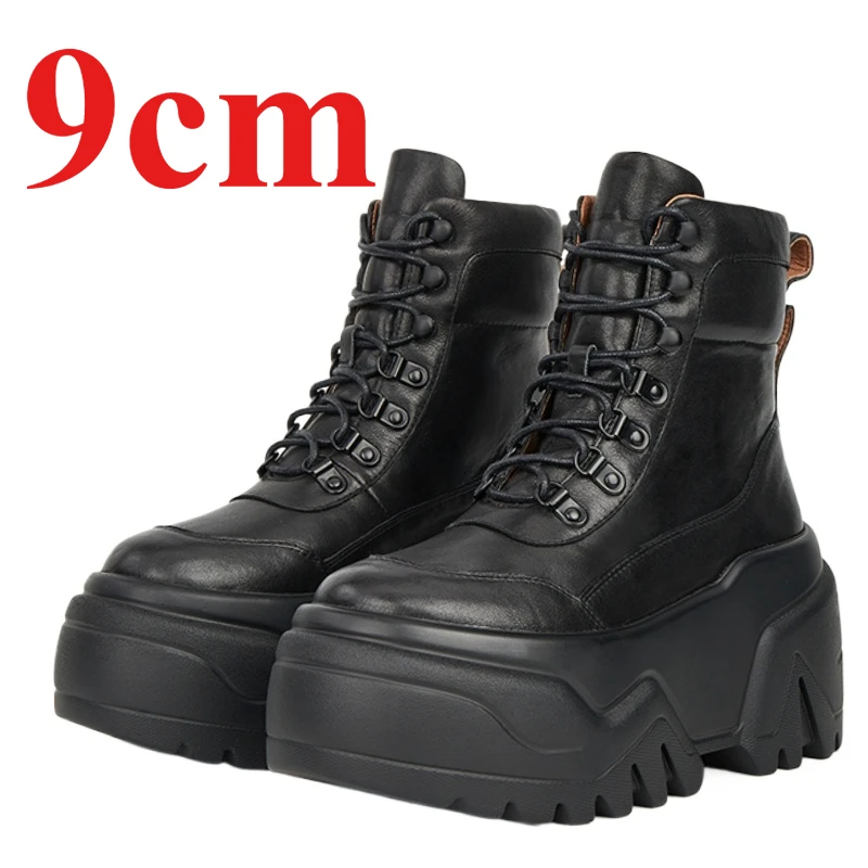 Black High-top Shoes for Women's Increased 9cm European/American Street Thick Platform Height Increasing Comfortable Short Boots