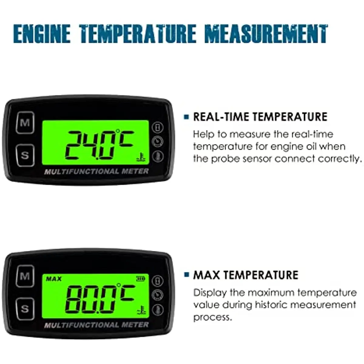 Motorcycle Meter Inductive Digital Tachometer Resettable Tach Hour Meter Thermometer Temp Meter for Boats Gas Engine Marine ATV