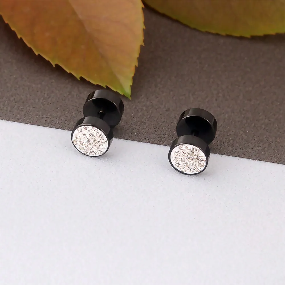 1pair Fashionable Cubic Zirconia Inlaid Stainless Steel Dumbbell Men\'s Stud Earrings